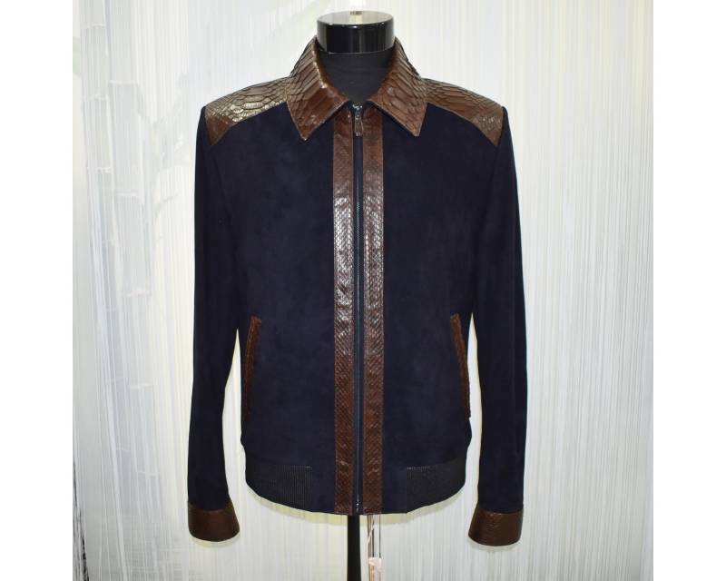 Herren Braune Echte Python Borte Echtleder Navy Blue Metis Wildleder Jacke von TheISSLA