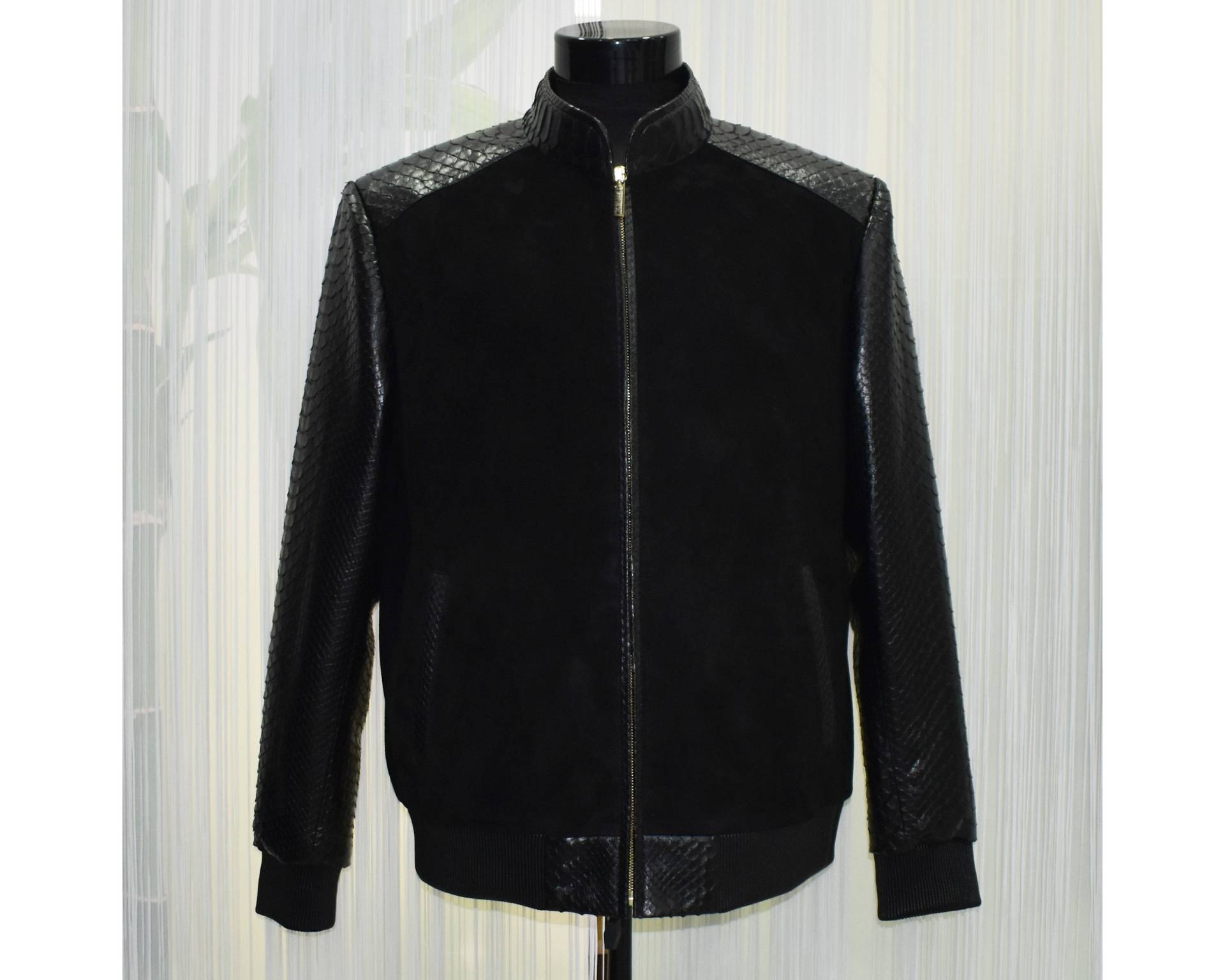 Herren Echt Python Lederärmel Schwarz Premium Wildlederjacke von TheISSLA