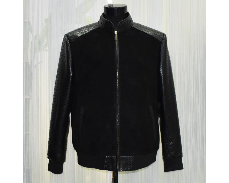 Herren Echt Python Lederärmel Schwarz Premium Wildlederjacke von TheISSLA