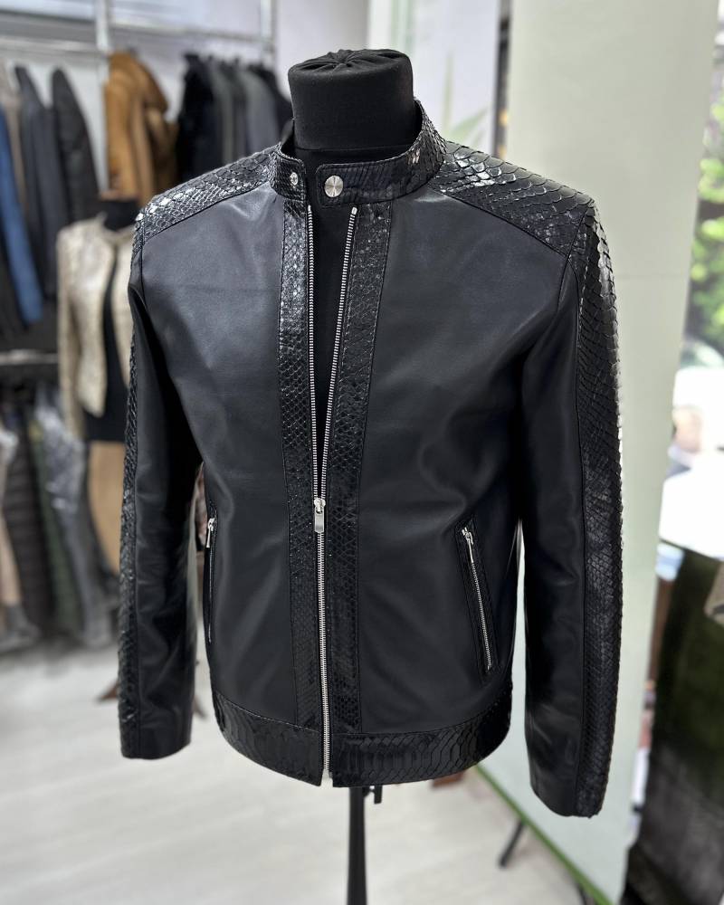Herren Real Python Skin Trim Echtes Leder Schwarz Luxus Moto Jacke von TheISSLA