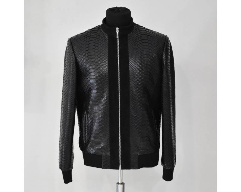 Herren Schwarze Python Leder Wildleder Borte Exotisch Schlangenhaut Luxus Handgemachte Jacke von TheISSLA