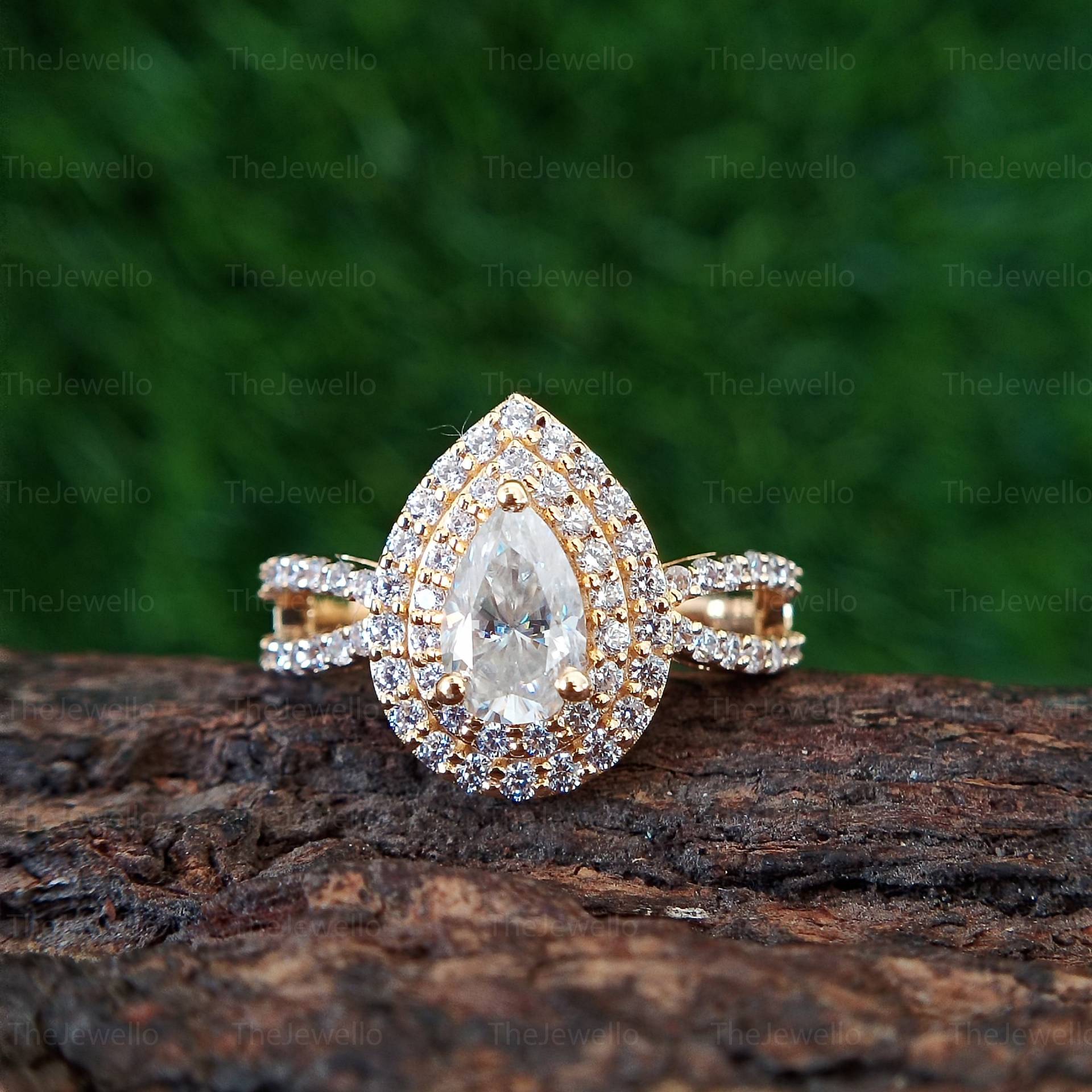 Birnenförmiger Moissanit Ring, 1.55Ct Doppel Halo Ring Im Birnenschliff, 950 Platin Ehering von TheJewello