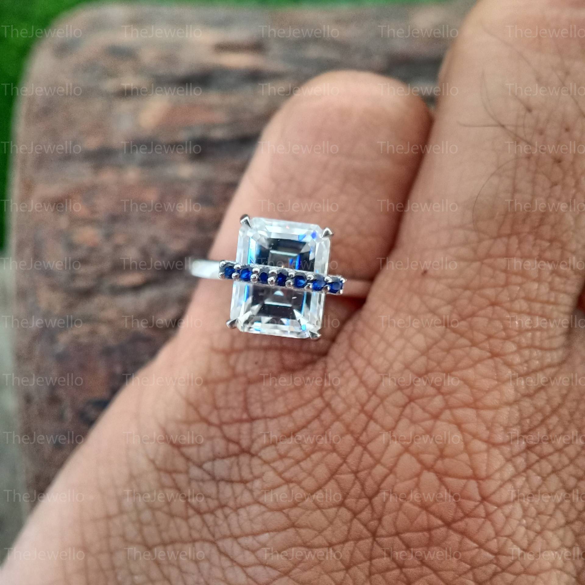 Moissanite Und Saphir Verlobungsringe, Einzigartige Stil Ringe, Diamant Ring Im Smaragdschliff, Blauer Rundschliff von TheJewello