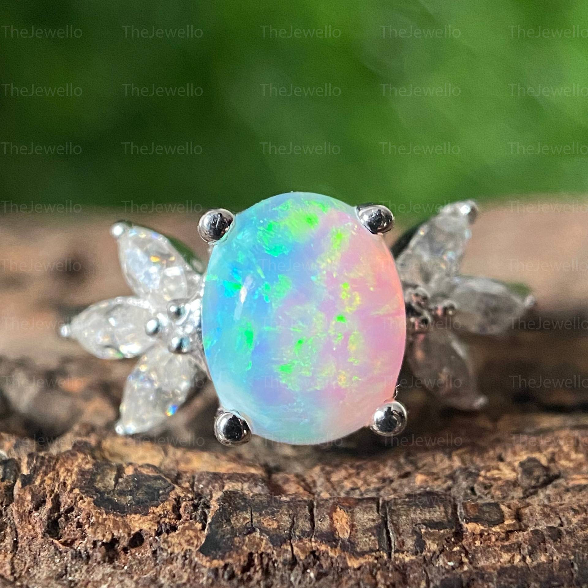 Ovaler Natürlicher Opal Verlobungsring | Vintage Weißgold Ehering Einzigartiger Moissanit/Diamant Ring Jahrestag von TheJewello