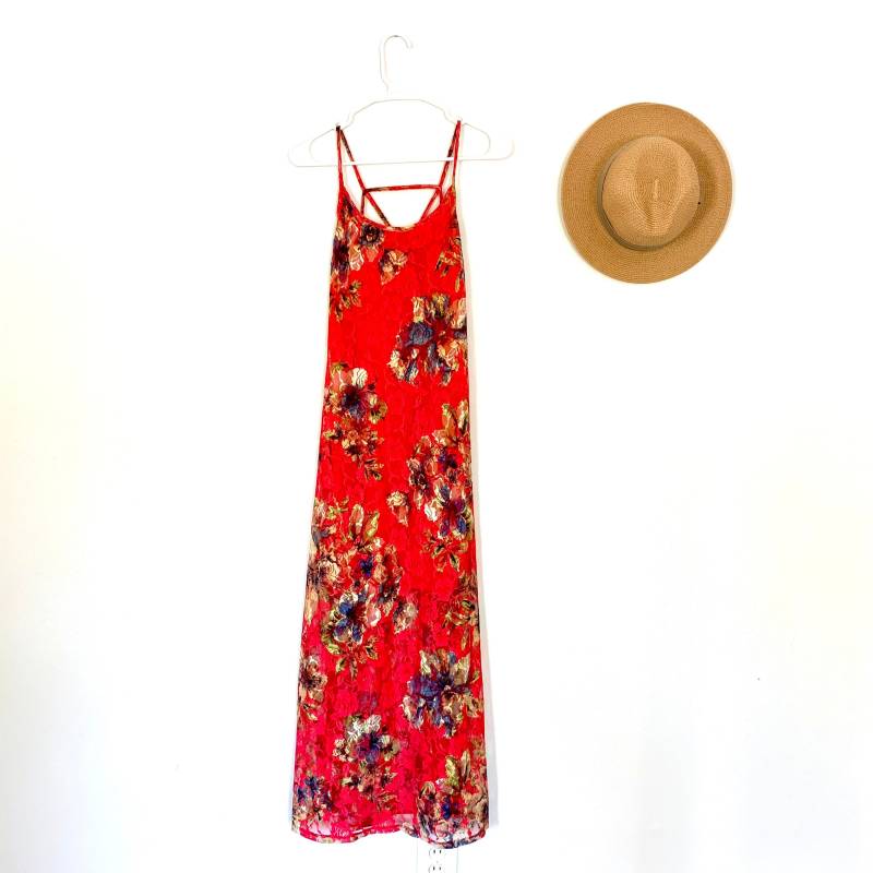 Vintage 90Er Jahre Floral Spitzenkleid - Rotes Spaghetti-Träger-Kleid von TheJoyVault