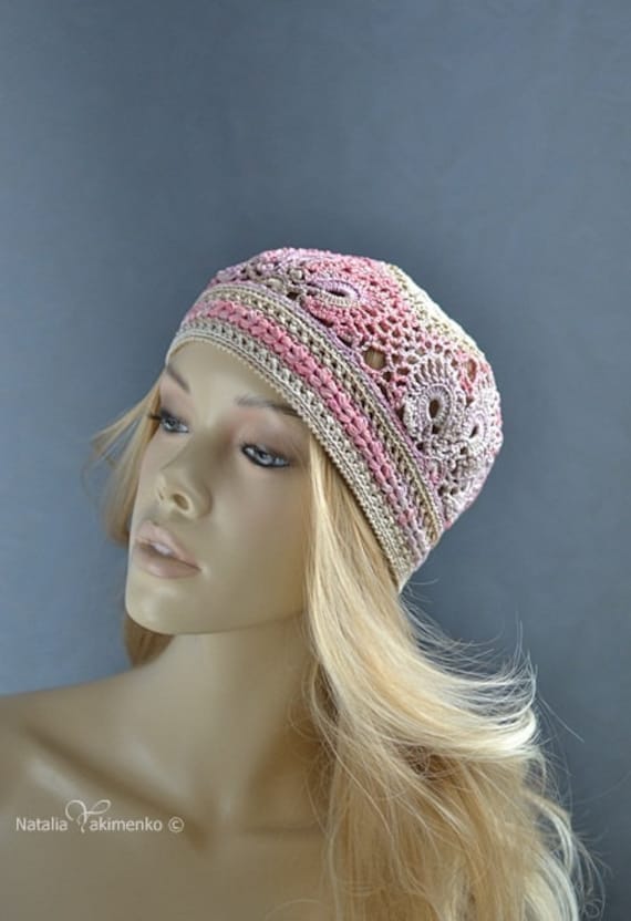 Handgefertigte Häkelspitze Beanie Aus Baumwolle Rosa-Flieder Boho Sommer Hut von TheKalynaArt