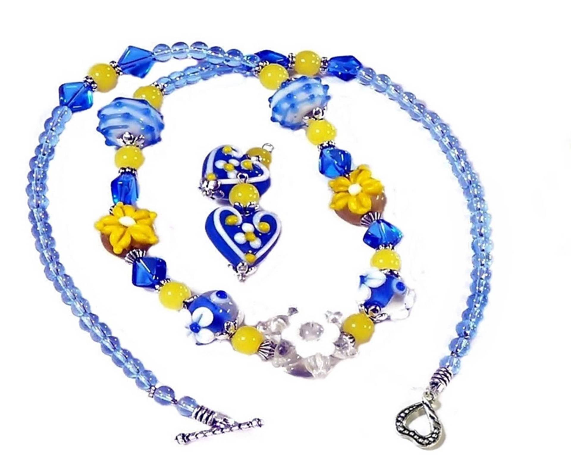 Halskette Und Ohrringe Set Lampwork Handwerker, Gelb Blau, Wählen Sie Clip Auf Oder Durchbohrte Armaturen von TheKennettCollection