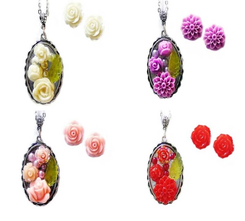 Miniatur Rose Garten Collage Vintage-stil Halskette Und Ohrringe Set, Wählen Sie Ihre Armaturen von TheKennettCollection