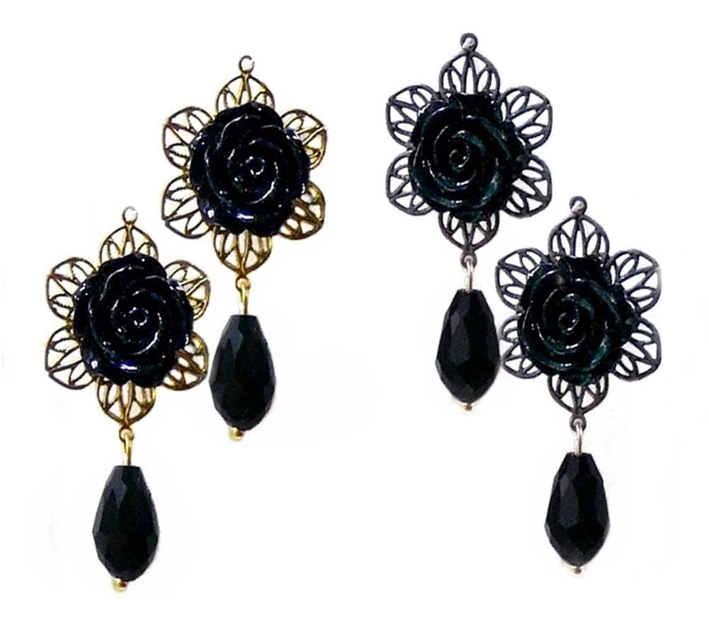Ohrringe Schwarz Rose Kristalltropfen, Antik Gold Oder Silber Wählen Und Clip Auf Durchbohrt Armaturen von TheKennettCollection