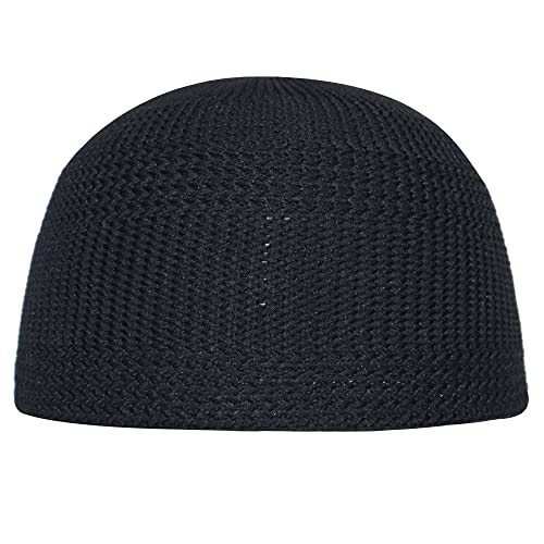 Black Skull Cap - 100% Nylon Head Cover Kufi Hat with Knitting Vertical Lines Topi Takke Taqiya Kopia for Namaz Salah & Bald Heads Choose from XSM to 4X, Schwarz , 56 von TheKufi