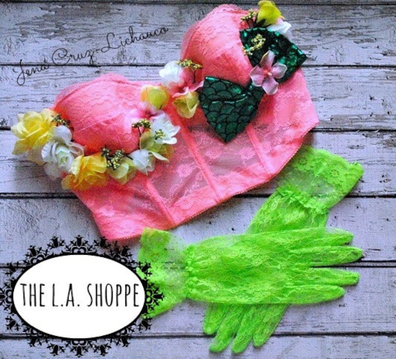 Versandbereitpeachy Kiwi Mermaid Flower Bustier Bh Top Und Neongrüne Handschuhe Set Größe Large Only von TheLAShoppe