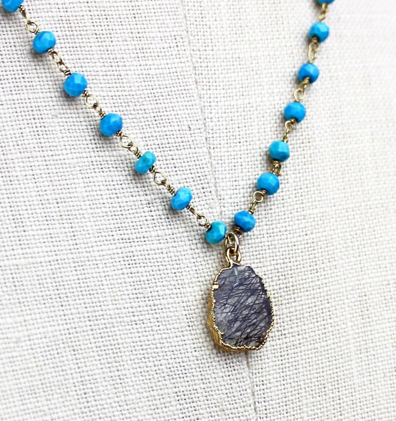 Rutilated Kristall Quarzanhänger Und Türkis Perlen Handgefertigt Gold Halskette 450437 von TheLionsDenStudio