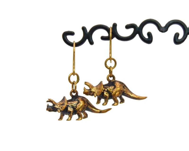 Dinosaurier Ohrringe - Vintage Triceratops Oder Stegosaurus Anhänger in Bronze Gold Finish Dino von TheLysineContingency