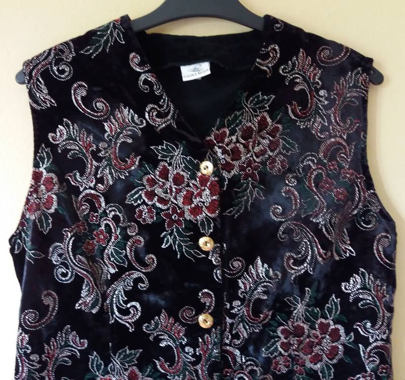Vintage 80Er Samt Floral Bestickt Bunte Muster Rückseite Schwarz Gold Ton Knöpfe Vorne Hippie Boho Größe Us M Weste von TheMagicThings