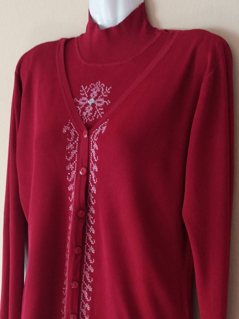 Vintage 90Er Set Dünne Strickjacke Und Rollkragen Top, Rot Mit Weißem Kreuz Muster Knöpfe Vorne, Vintage Cardigan Top von TheMagicThings