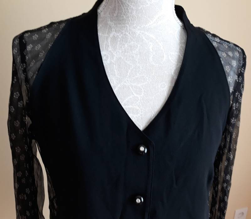 Vintage Seide Schwarz Mit Beige Floral Print Front Wie Schwarze Weste Langarm Gr. Us S Bluse von TheMagicThings