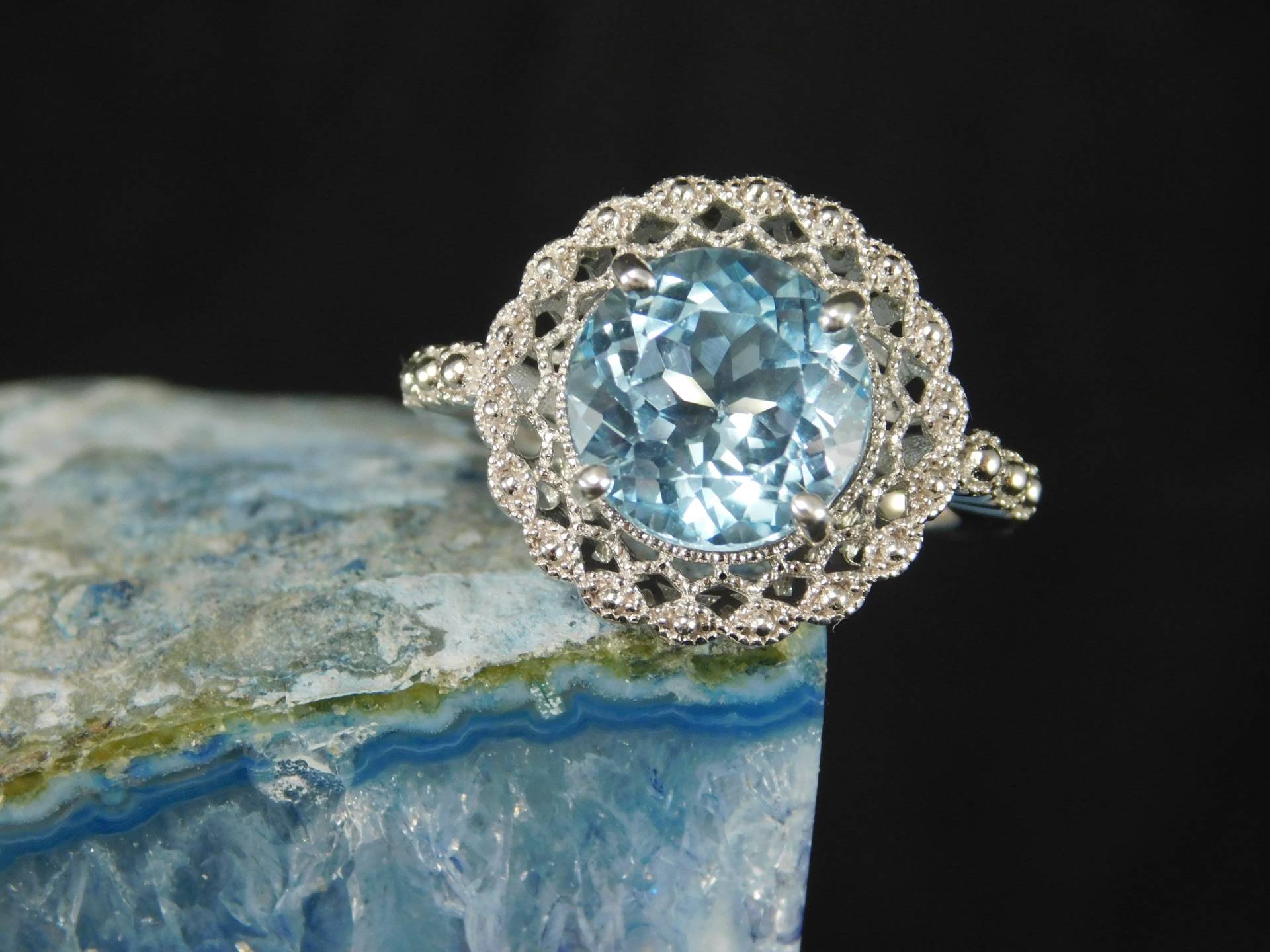 4.68 Ct. Rund Blauer Topas Ring Spitze Filigran Sterling Silber von TheMasterJeweler