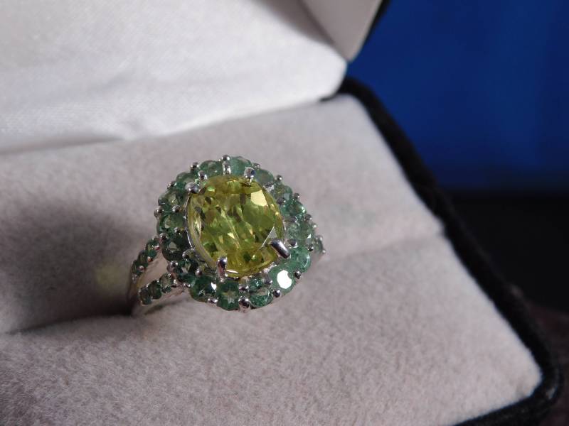 Januar Geburtsstein 6.36 Ct. Oval Peridot & Tsavorit Granat Halo Style Ring Sterling Silber Januar Geburtsstein 6.36 Ct. Oval Peridot & Tsavorit Granat Halo Style Ring Sterling Silber von TheMasterJeweler