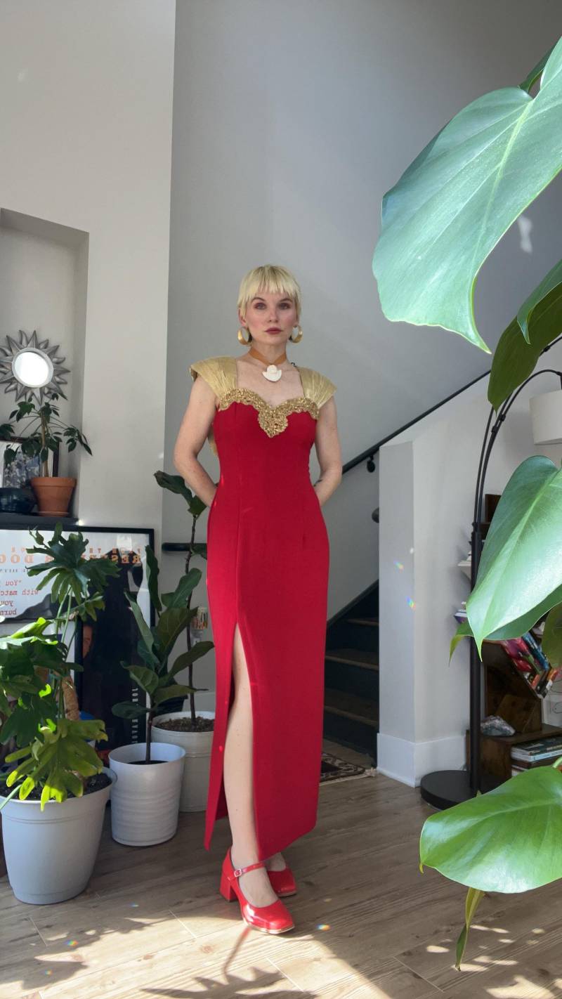Vtg 80Er Jahre Schleifen Kleid in Rot Gold von TheMetalRomanticShop