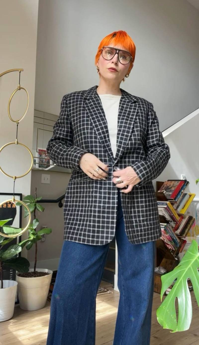 Vtg 90Er Jahre Schwarz Weiß Karierter Leinen Blazer von TheMetalRomanticShop