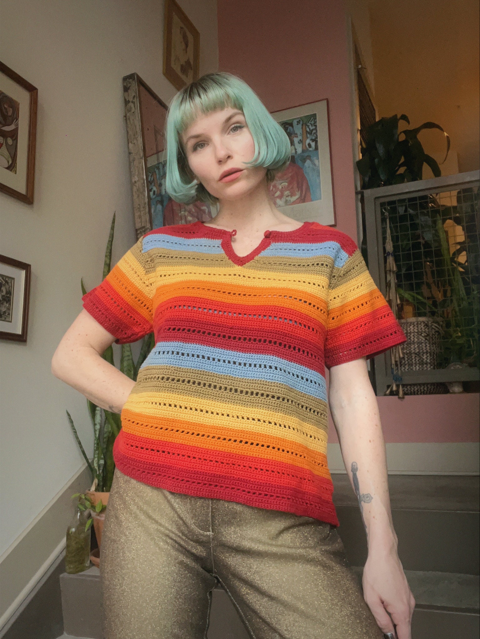 Vtg Liz Claiborne Lizwear Gehäkeltes Regenbogen Top Aus Baumwolle von TheMetalRomanticShop