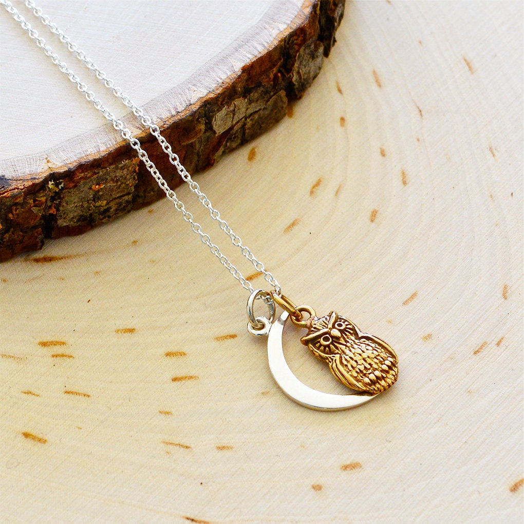 Eulen Crecsent Mond Charm Halskette in Sterling Silber, Bronze Und 14Kt Gold Filled Spacer Eulen Crecsent Mond Charm Halskette in Sterling Silber, Bronze Und 14Kt Gold Filled Spacer von TheMidnightBella