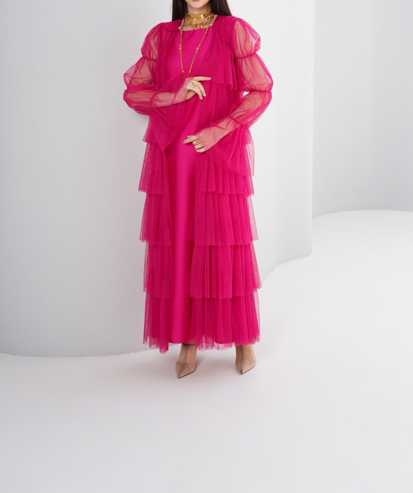 Hochzeit Tüll Jacke Topper/Sheer Hot Pink Geschichtete Abdeckung Wrap Coat Mit Volumenärmeln Und Manschette Tüllmantel Damenjacke von TheMoonWedding