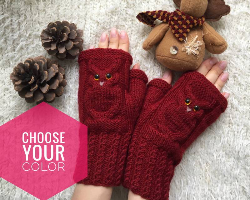 Weihnachten Wolle Handschuhe Mitts Für Mädchen Eule Liebhaber Geschenk Tier Fäustlinge Fingerlose Frau Stricken Geschenke Warmes Schwester von TheMysteryOfFields