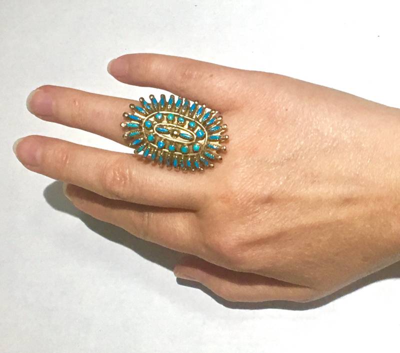 14K Gold Seltener Zuni Türkis Petit Point Ring von TheNecklaces