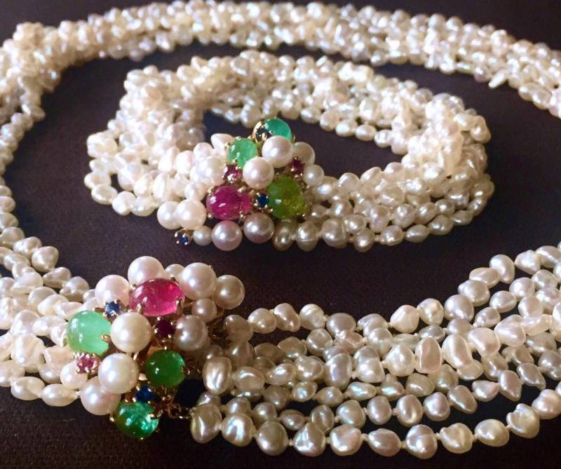 14K Smaragd Rubin Pink Turmalin Keshi Perlen Obstsalat Stil Goldkette Armband-Set von TheNecklaces