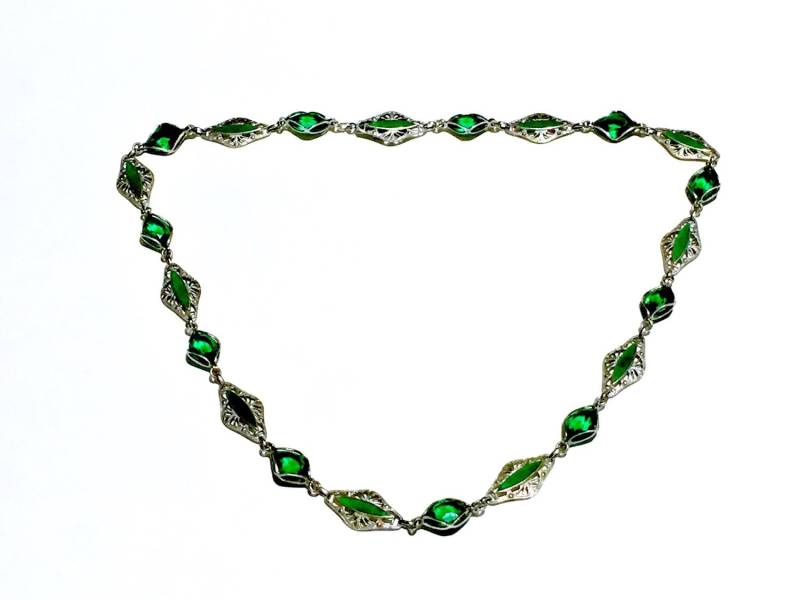 Seltene Edwardian Smaragd Paste Rivière Grüne Emaille Sterling Silber Halskette von TheNecklaces