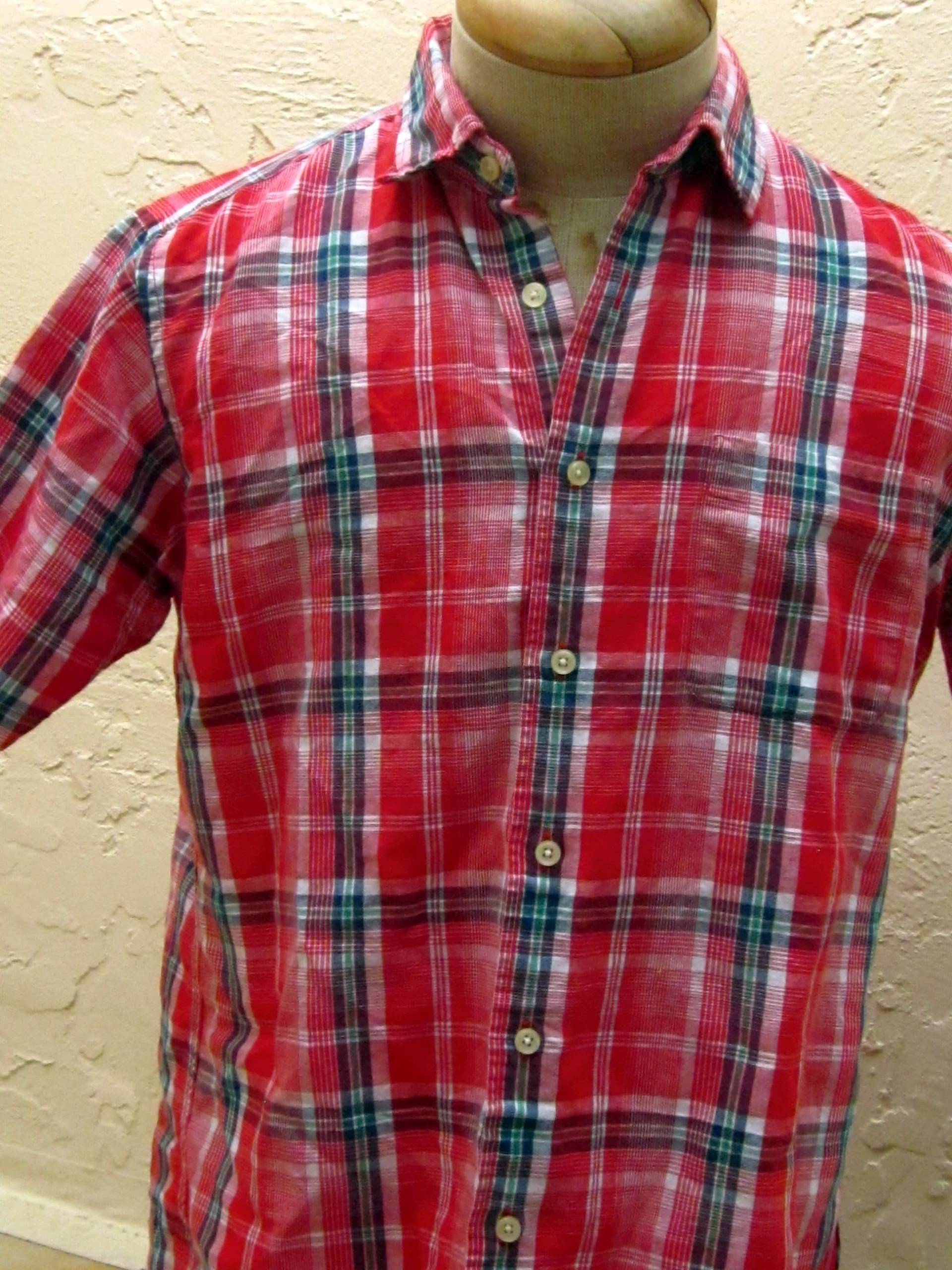 Vintage Rot Kariertes Baumwollhemd - Herren Kurzarm Button Up von TheNerdBoyfriend