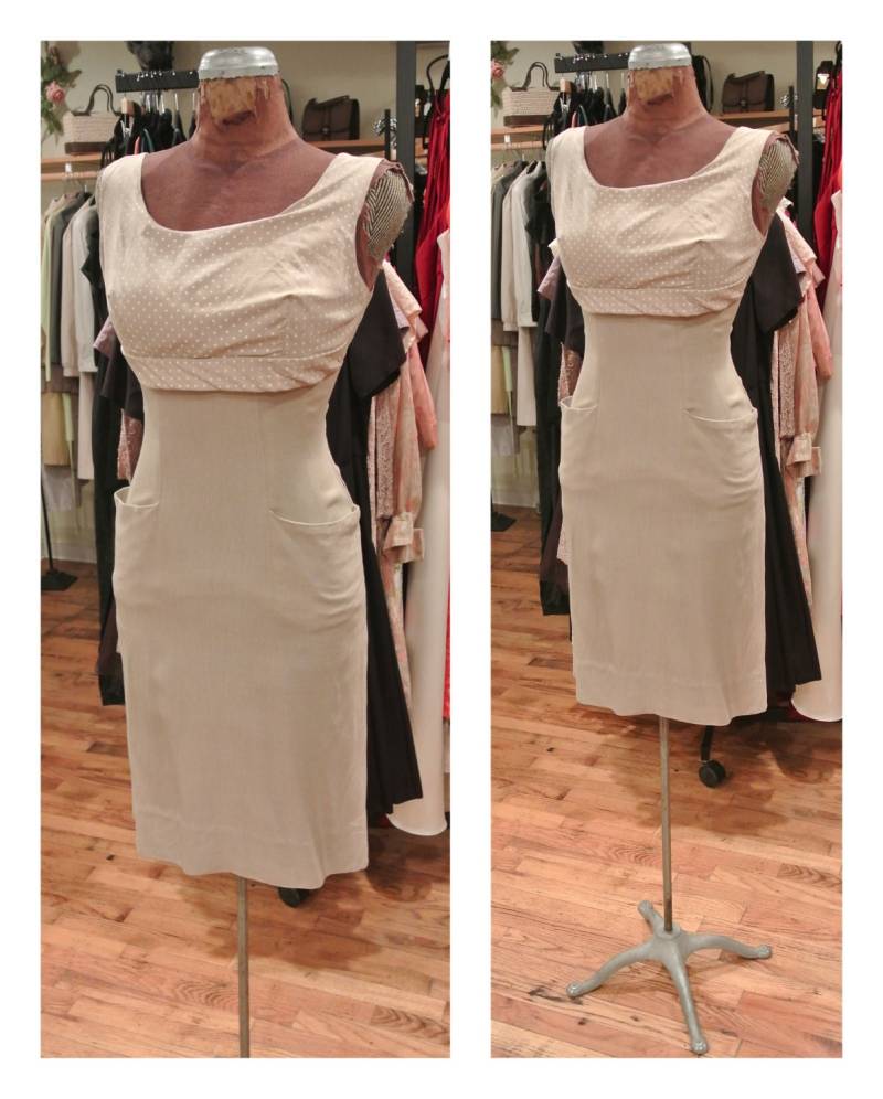 1940Er Jahre Vintage Kleid/50Er Polka Dot Bleistift Beige Midi Wiggle Baumwolle Tag Partykleid Cocktailkleid von TheNinesNYC