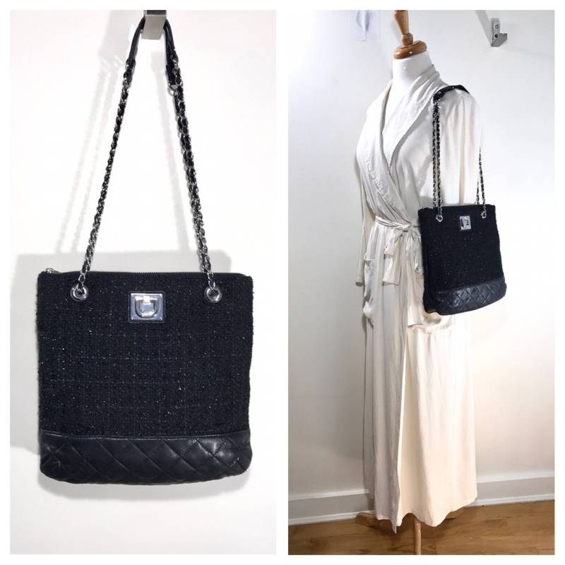 Schwarz Gesteppte Leder Tasche Kette Und Armband Lederhandtasche Vintage Dkny Geldbeutel Boucle Strick Weichem Große Crossbody Carryall von TheNinesNYC