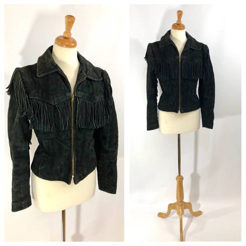 Schwarze Lederjacke/Fransenlederjacke Wildlederjacke Bikerjacke Kleine Damen Cropped Fransenjacke Quaste Jacke von TheNinesNYC