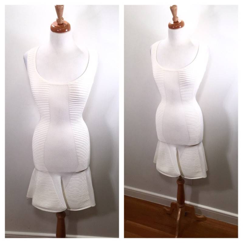 Weißes Strick Kleid Stretch Bodycon Midi Kannelierter Rock Vintage 90Er Party Cocktailkleid Wiggle von TheNinesNYC