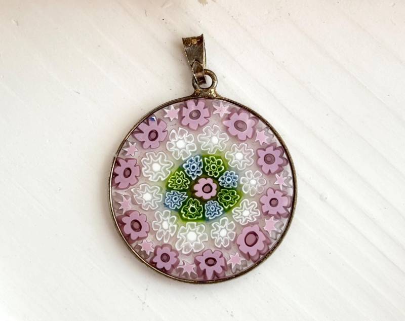 Millefiori Murano Kunst Glas Runde "Tausend Blumen" Italienisch Gemacht 925 Vintage Statement Anhänger von TheNostalgiaHaus
