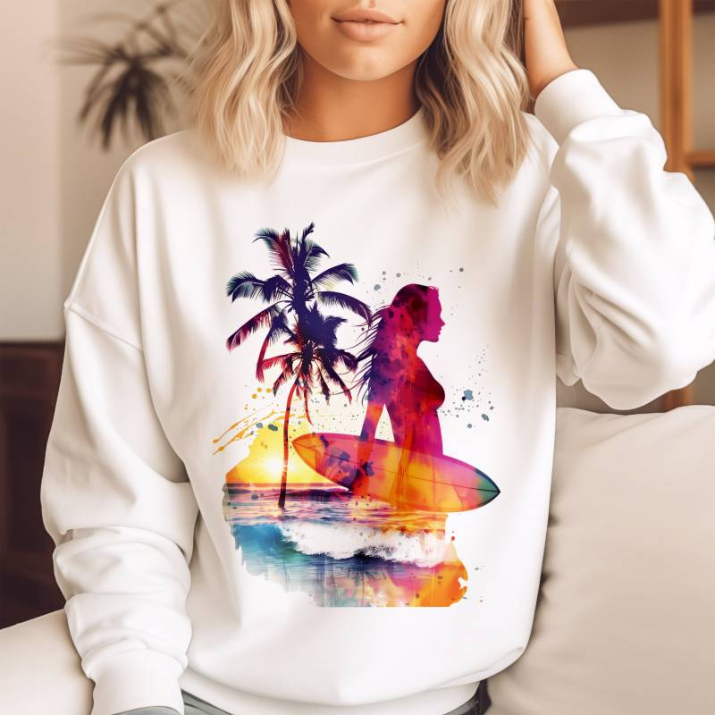 Sunset Surf Crewneck Sweatshirt Heavy Blend™ Watercolour Print Weiß Pink Beige Grau Beach Vibes Summer Love Perfektes Geschenk von TheOffshoreStudio