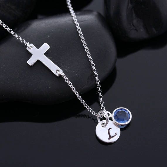 sterling Silber Side Way Kreuz Halskette An Kette Personalisierter Geburtsstein Und Erste von TheOneOfaKindJewelry