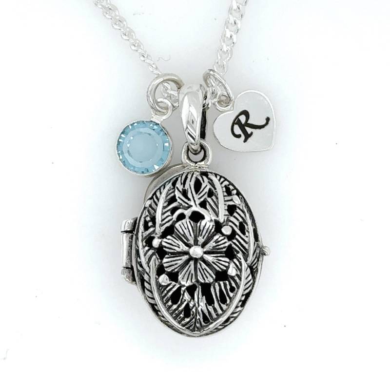 Oval Medaillon Solid Sterling Silber Filigrane Halskette Personalisierte Initial & Birthstone Charms, Wählen Kette, Blumen Medaillon. 37 von TheOneOfaKindJewelry