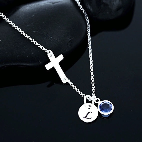sterling Silber Seitlich Kreuz Halskette. Benutzerdefinierte Anfang Birthstones, Halskette Mit Gravur, Oma Geschenk, Beliebtes Mutter Mütter von TheOneOfaKindJewelry