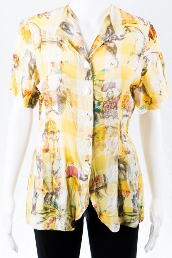 Vintage Bluse Mit Ethno Print -S - Gelb Baumwolle Mix Kurze Ärmel Tailliert 80S von TheOtterCouture