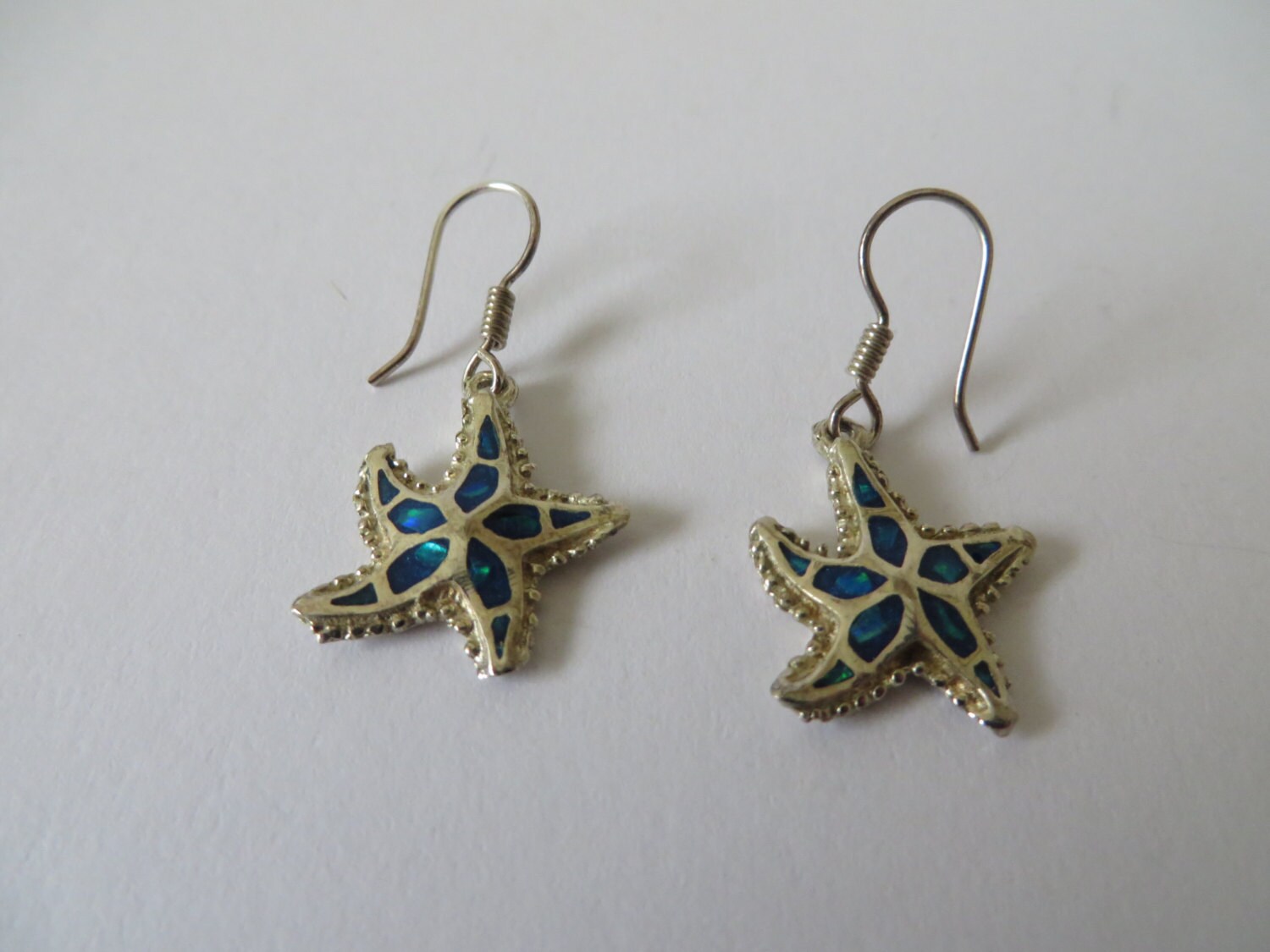 Vintage Silber Ton Blau Perlmutt Stern Fischhaken Ohrringe von ThePJCompany