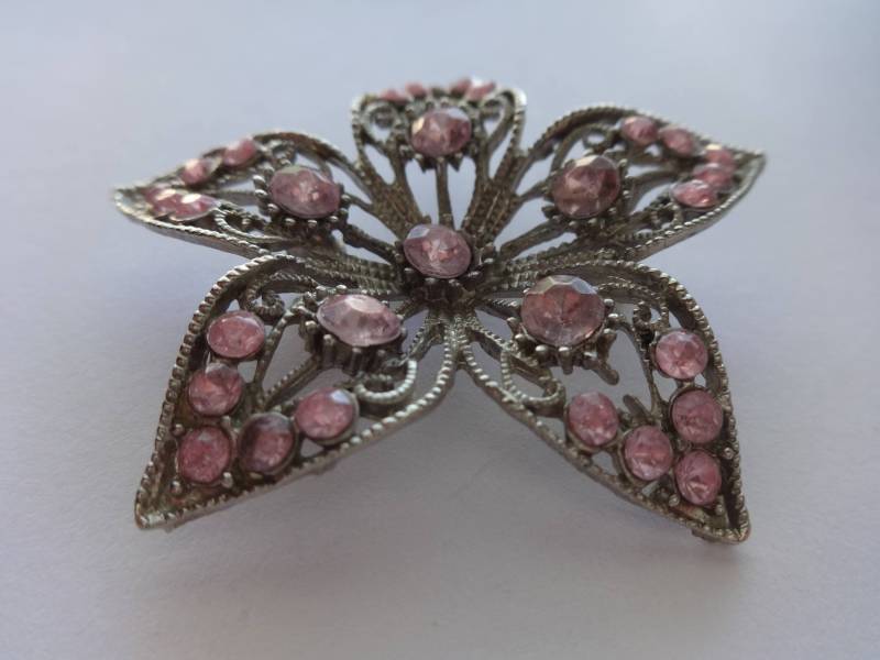 Vintage Silber Ton Pink Strass Blüten Brosche von ThePJCompany