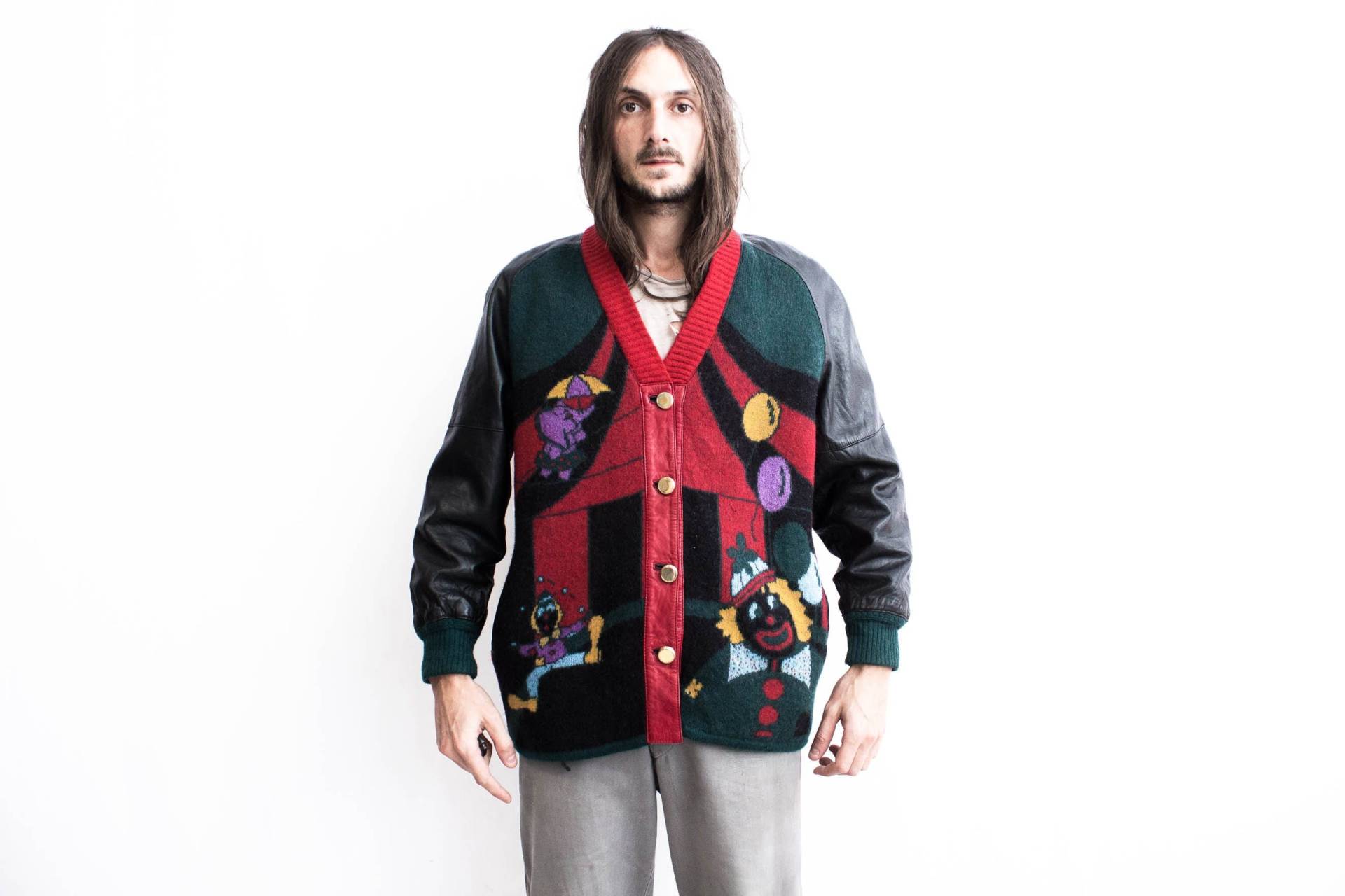 Funky Wolle Strickjacke Leder Ärmel Collage Patchwork 1980Er Jahre von ThePenduline