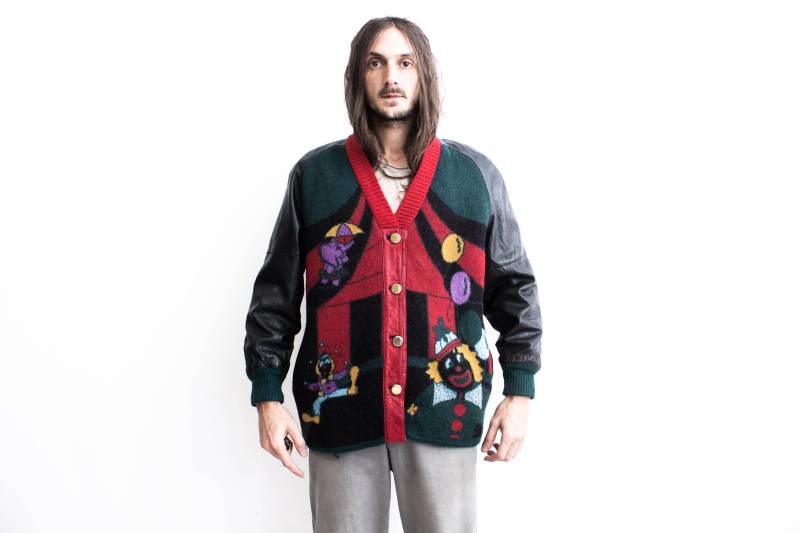 Funky Wolle Strickjacke Leder Ärmel Collage Patchwork 1980Er Jahre von ThePenduline