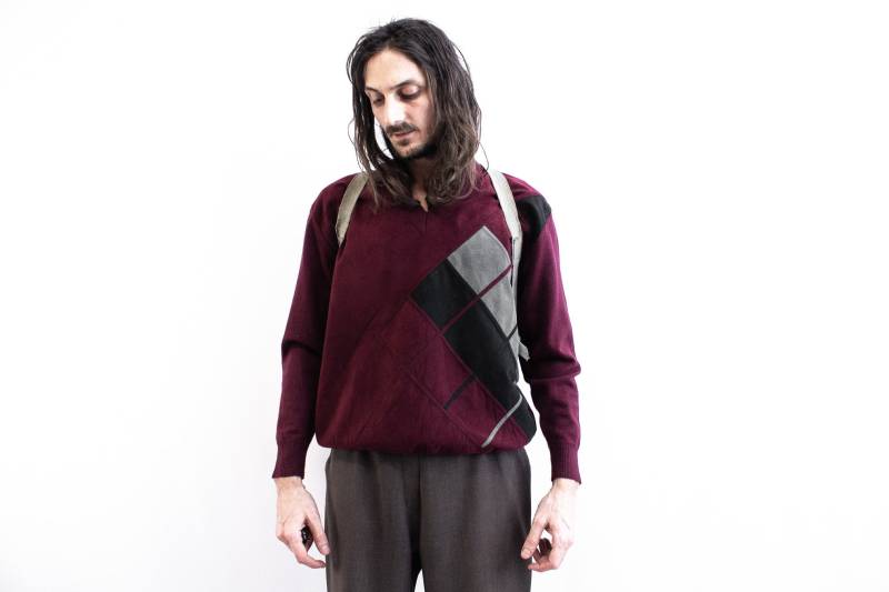 Patchwork Pullover 70Er Jahre Wildleder Wolle Bordeaux Überzieher. Retro Collage Strick Pullover. Muster Aus Jersey von ThePenduline