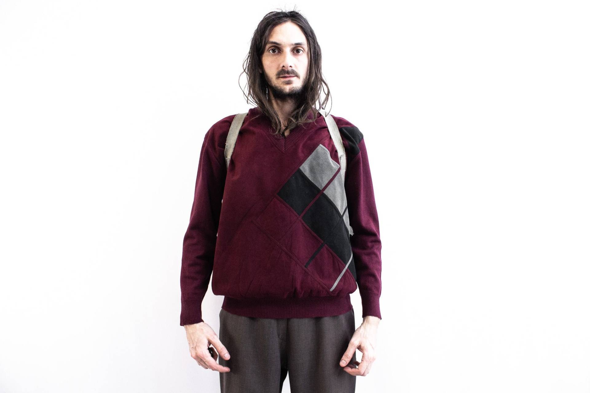 Patchwork Pullover 70Er Wildleder Wolle Bordeaux Pull Over. Retro Collage Strick Pullover. Patchwork Muster Jersey von ThePenduline