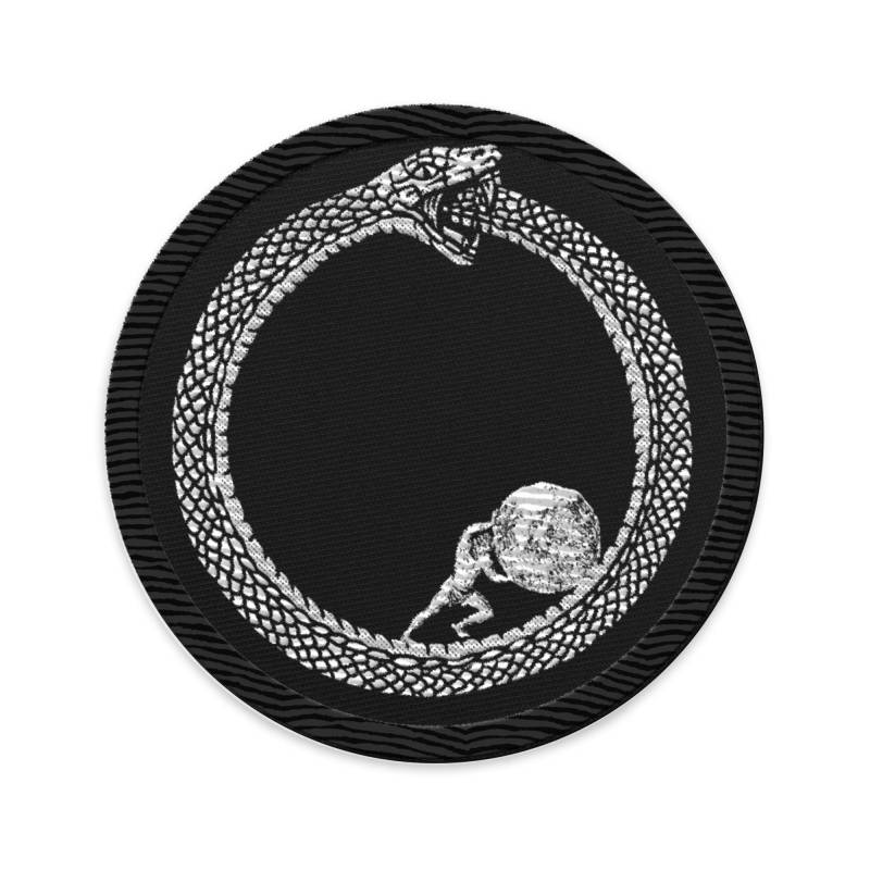 Sisyphus in Ouroboros-Schlange - Bestickter Aufnäher 3 Zoll/7, 6 cm Durchmesser von ThePhilosophersShirt