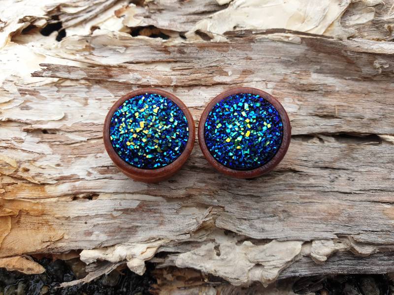 Paar Blauer Glitter Holz Ohr Plugs Piercing Schmuck Dehner Tunnel Pl110 von ThePiercingKingdom